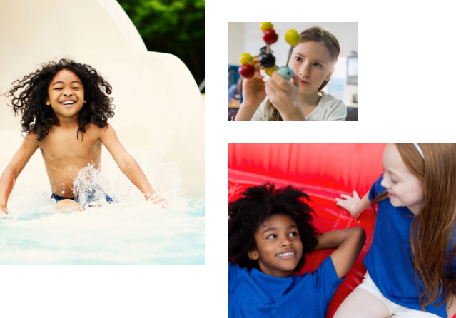 Kids participating in three summer camp activities, including sliding down a waterslide, doing a S.T.E.A.M. project and chatting during a play break